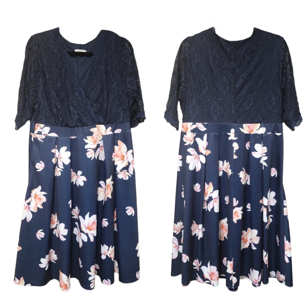 Pinup Fashions Women's Dress With Lace Top Full Floral Print Pleated Skirt Sz 18